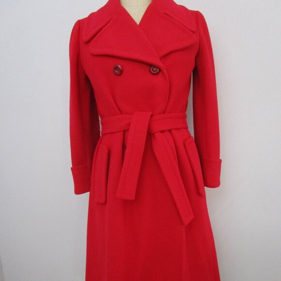 S Luxury 70s CASHMERE Red Coat Plush Sash Wide Cuffs Bicentennial - Picture 1 of 12